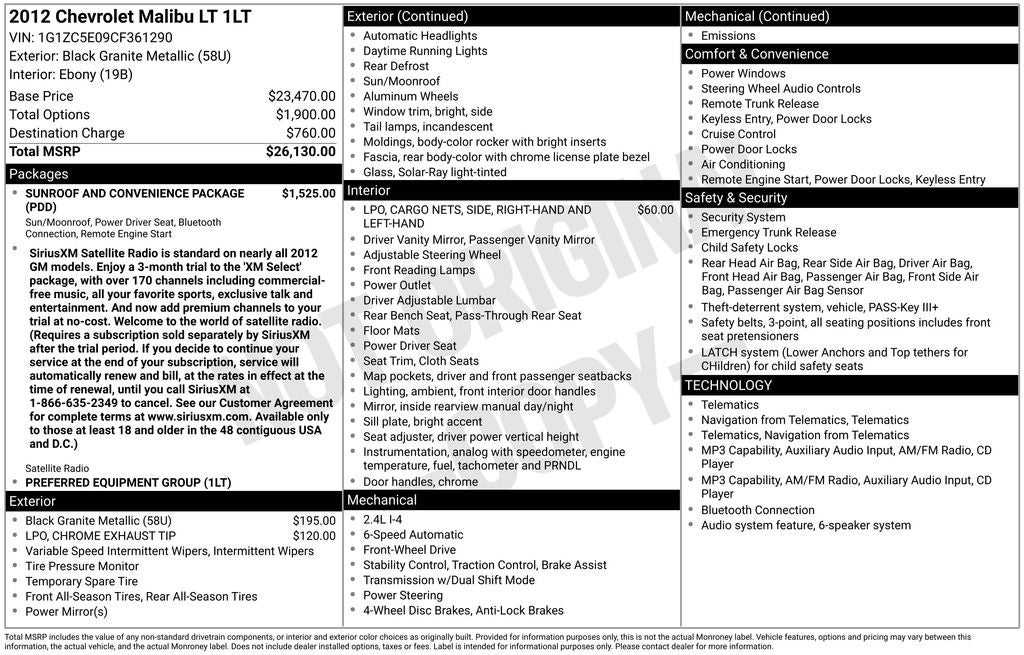 2012 Chevrolet Malibu LT 1LT